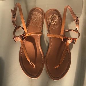 Vince Camuto Tan Patten Leather Sandal. Rose gold buckle and bow. 7.5 women’s